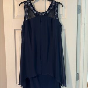 SLNY Navy High Low Dress with Embellished Neckline